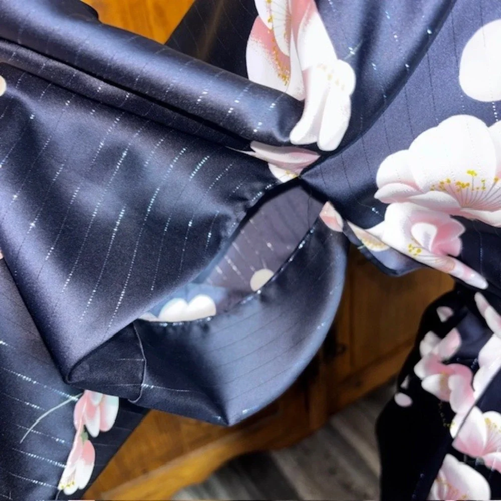 Ichiban Japanese Kimono Robe Navy Blue Pink Floral Cherry Blossom Metallic Japan